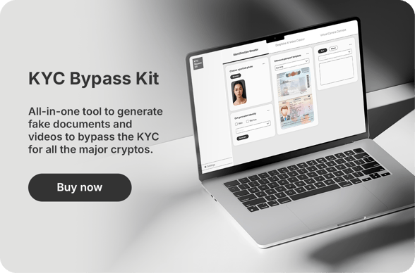 Laptop showing KYC Bypass Kits that create synthetic documents and videos to inject into crypto KYC processes